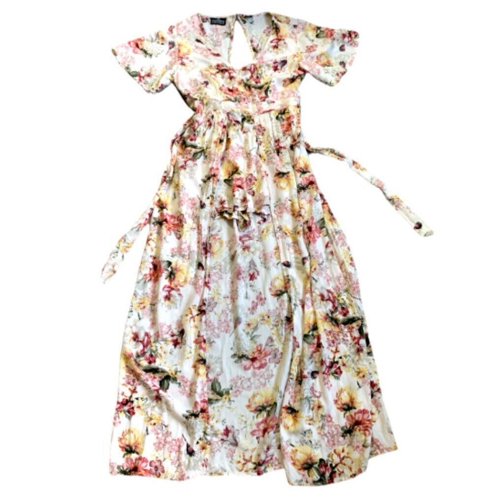 Angie Floral Walk-Through Romper/Maxi Dress Smocked Cutout‎ Back M #60F